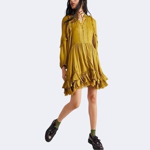 NWT Free People Ambrosia Long Sleeve Boho Dress in Olive Green, Size Small